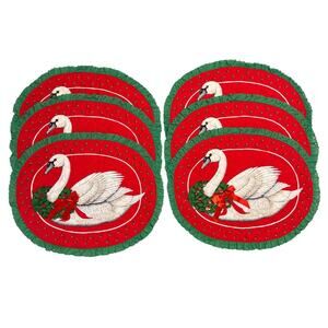 Handmade Christmas Swan Set Of 6 Oval Quilted Placemats Sequin Beads Ribbon Vtg